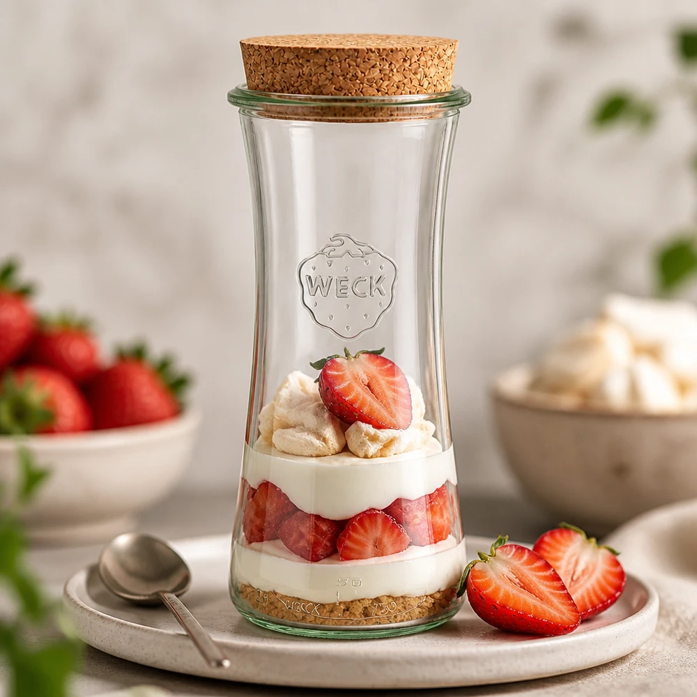 WECK RR80 vaso da gastronomia 700ml con tappo di sughero riempito come un dessert a strati di fragole con panna su un vassoio da portata bianco