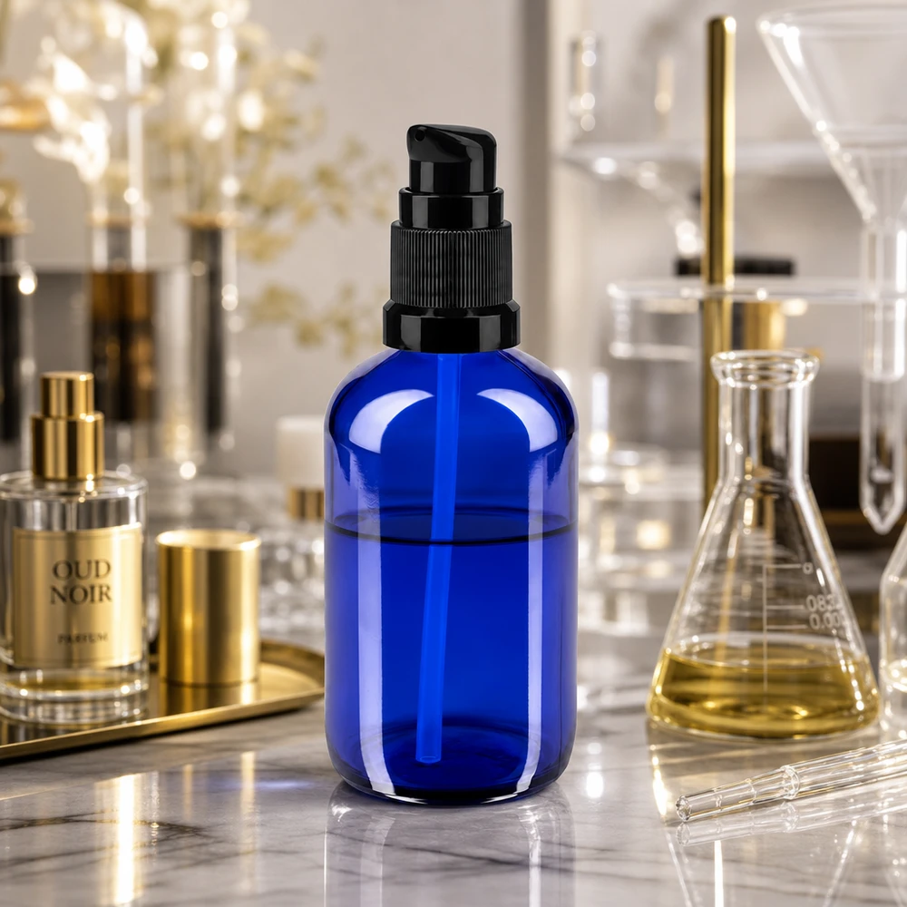 Bottiglia a pompa blu 100ml STD nero ApoGlas Flacone con dosatore da 100 ml in vetro da farmacia di colore blu cobalto con erogatore nero in ambiente di laboratorio