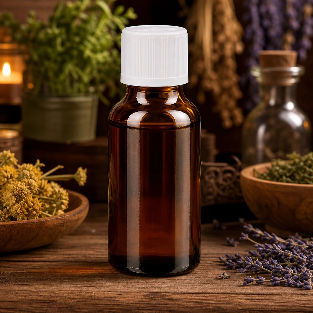 Flacone di vetro marrone da 20 ml con tappo a vite bianco, circondato da erbe medicinali e fiori secchi