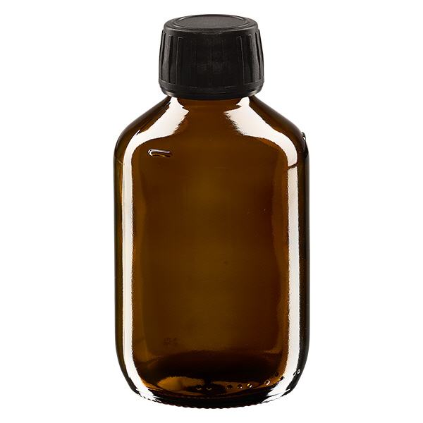 Flacone per medicinali da 200 ml, marrone, tappo nero con tappo originale