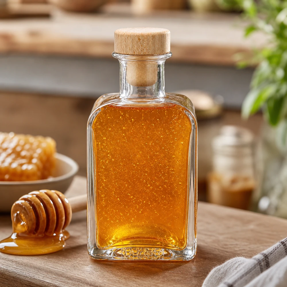 Bottiglia di vetro Clara da 200 ml riempita di miele Tappo di legno Cucchiaio per miele Cera d'api Dolcificante naturale Accessori da cucina