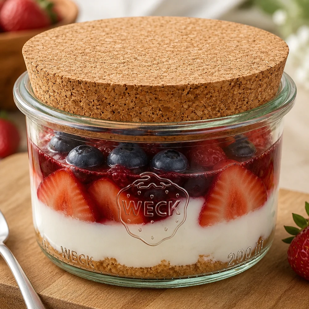 Bicchieri da 200 ml WECK RR80 con tappo in sughero naturale WECK tumbler 200ml RR80 riempito con dessert ai frutti di bosco e coperchio in sughero mostra l'uso versatile come vaso da dessert