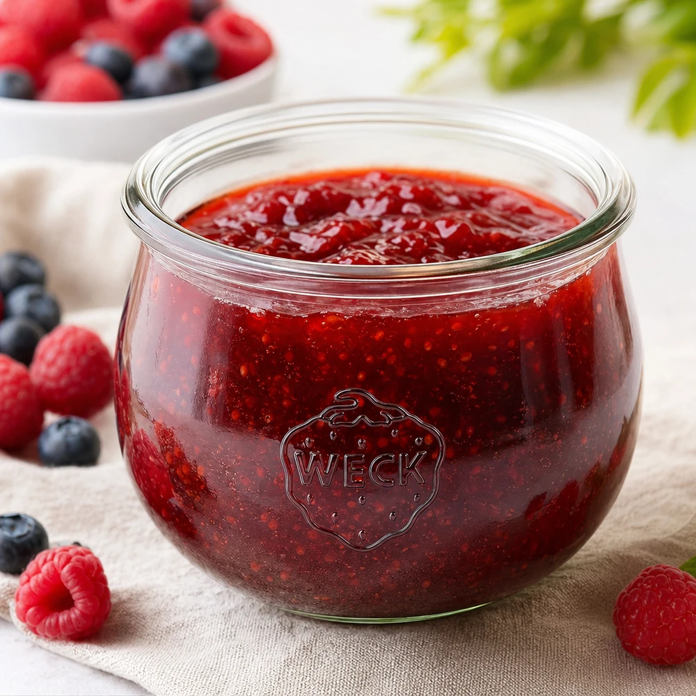 WECK vaso a tulipano 580ml RR100 riempito di marmellata rossa, circondato da bacche fresche su una base di legno