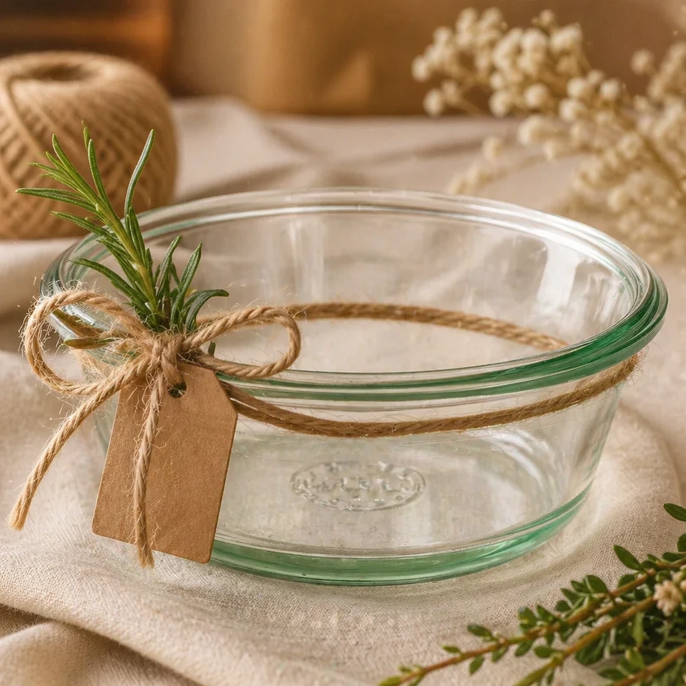WECK RR120 vaso gourmet 300ml decorativo con spago di iuta, erbe aromatiche ed etichetta regalo come idea regalo
