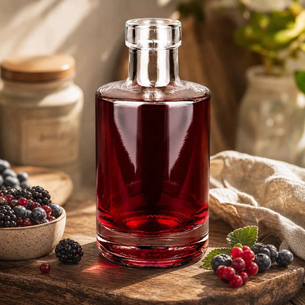 Bottiglia in vetro da 200 ml Marie senza tappo UNiTWIST® Bottiglia di vetro da 200 ml Marie riempita di liquore ai frutti di bosco Decorazione da cucina rustica con frutti di bosco freschi Esempio di utilizzo