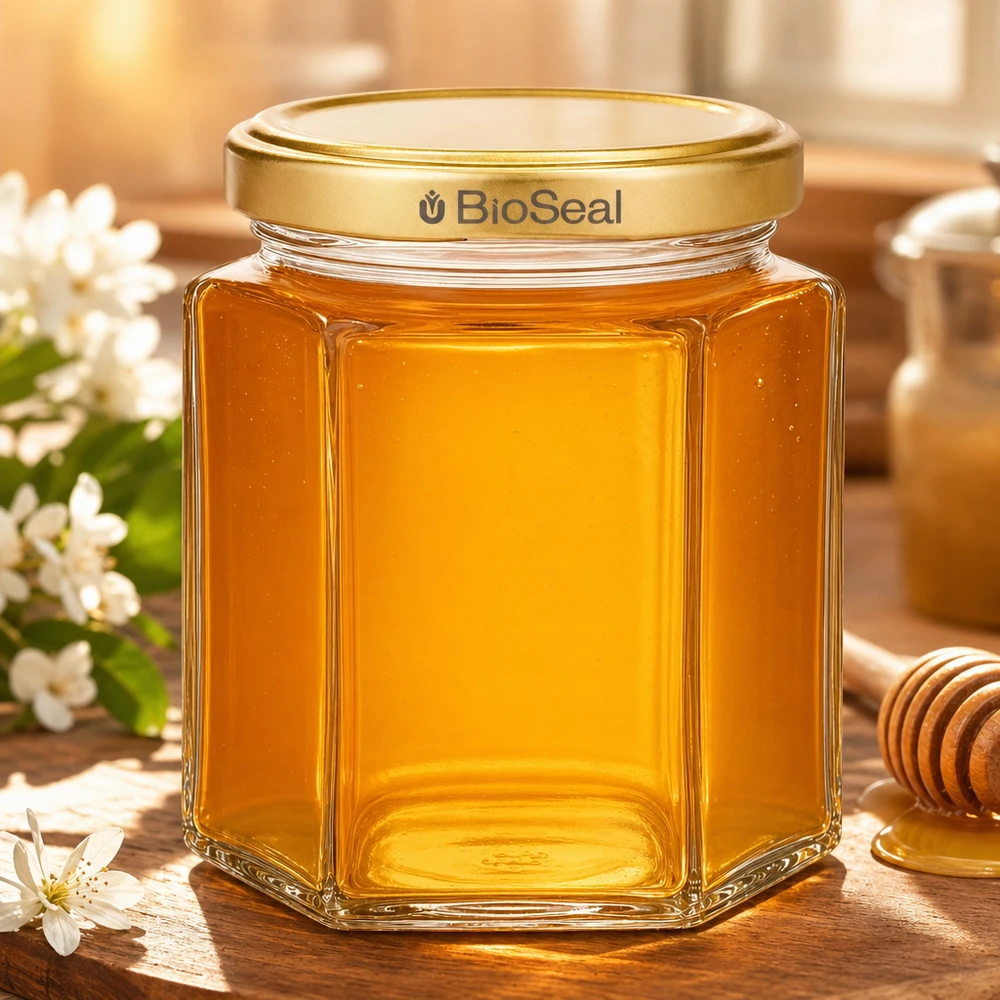 Vasetto per miele da 250 g con capsula dorata BioSeal UNiTWIST Vasetto di miele esagonale da 250 g riempito di miele dorato Coperchio BioSeal Confezione per apicoltura su tavolo di legno con fiori