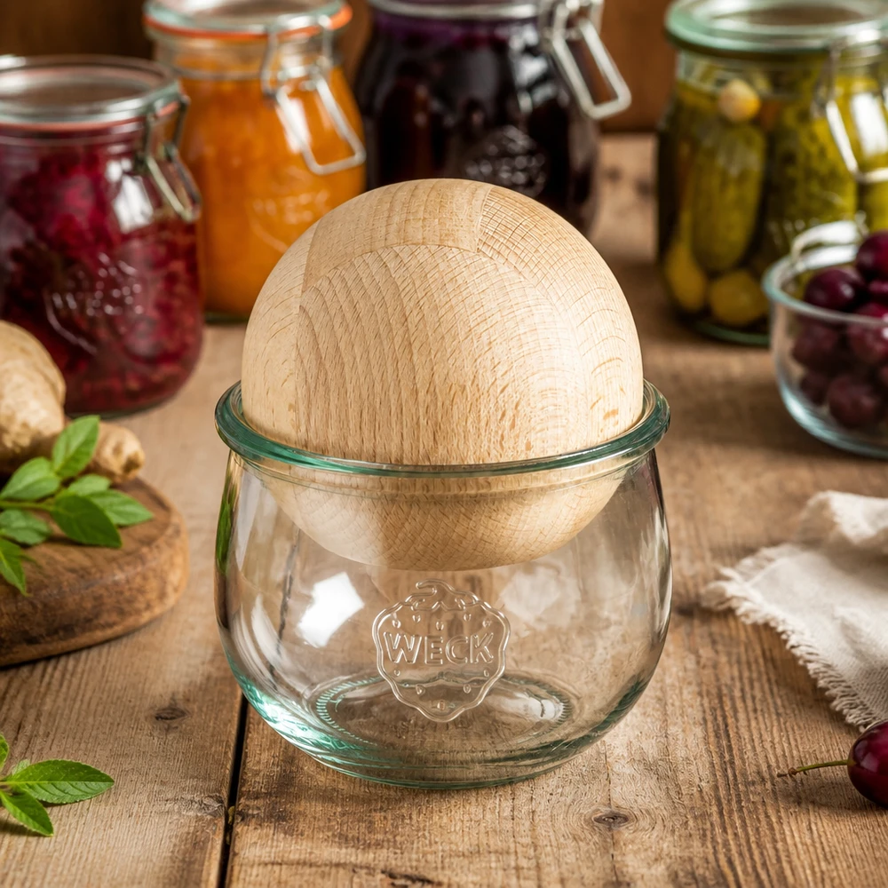 Vaso a tulipano WECK RR100 con sfera in legno di faggio in un ambiente di cucina accanto a colorati barattoli per conserve con marmellate e sottaceti