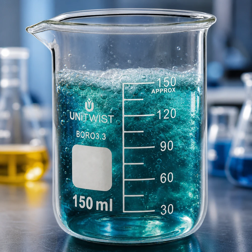 Bicchiere UNiTwist da 150 ml in borosilicato 3.3, forma bassa, con liquido blu schiumoso e formazione di bolle