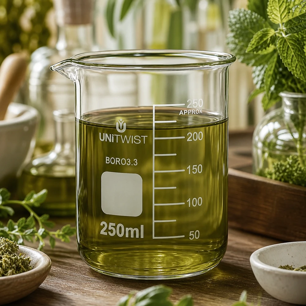 Bicchiere UNiTWIST da 250 ml, forma bassa, con estratto di erbe verde circondato da erbe medicinali fresche