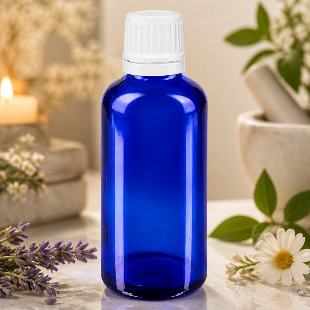 Bottiglia di vetro blu da 50 ml con tappo a vite bianco, contenente fiori di lavanda e camomilla