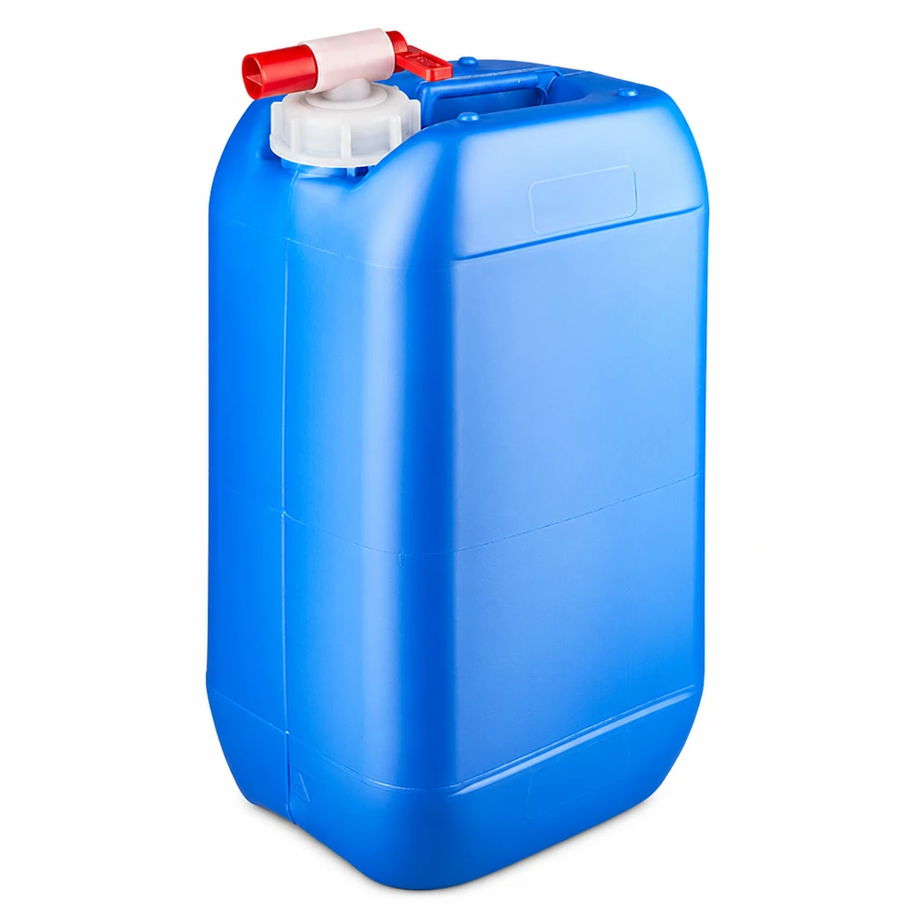 Tanica 15 litri blu con rubinetto di scarico Tanica in plastica blu da 15 litri con rubinetto rosso e tappo a vite bianco