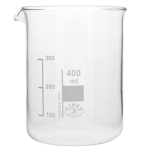 Bicchiere 400ml in vetro borosilicato, forma bassa Bicchiere trasparente da 400 ml a basso profilo con beccuccio e scala in ml