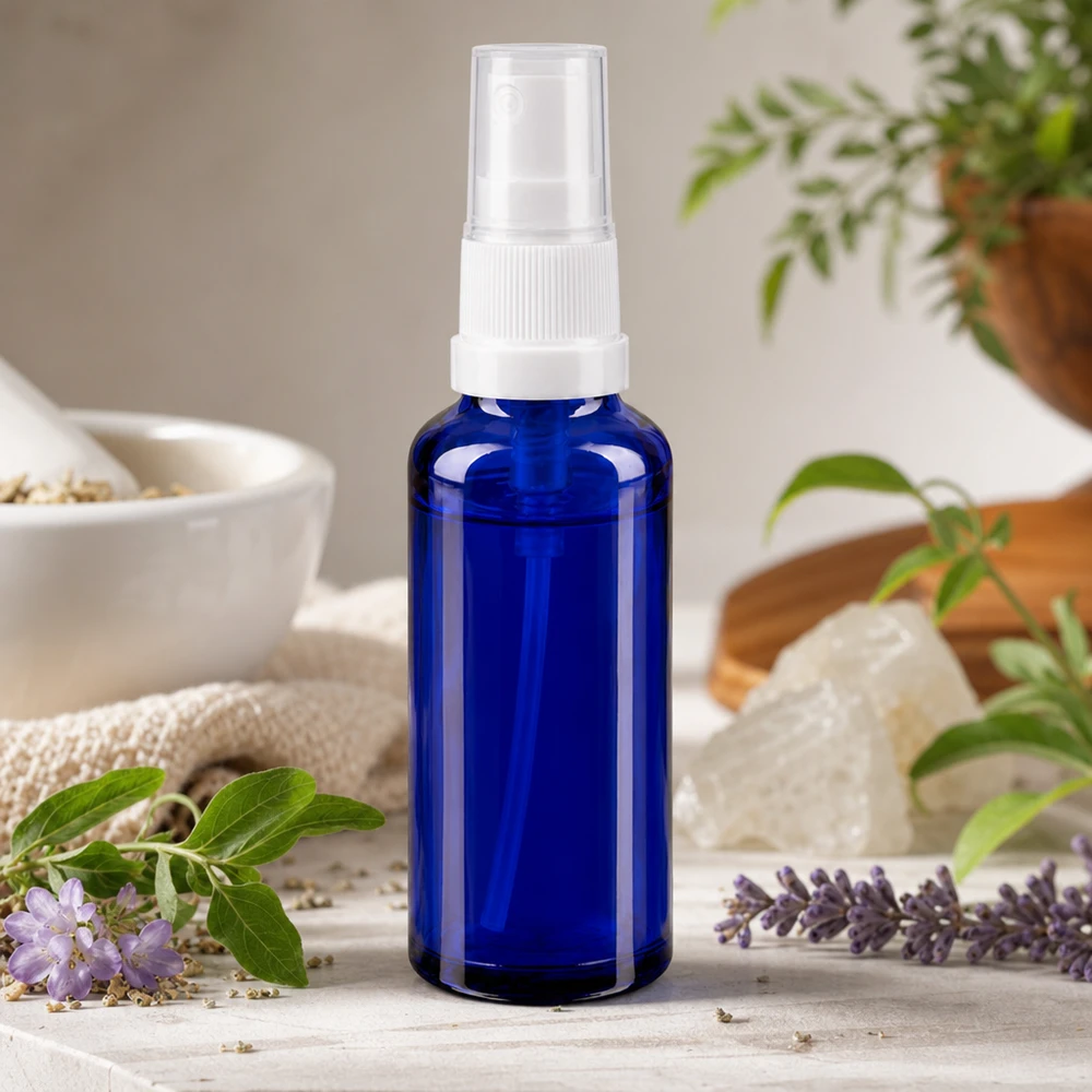 Flacone spray blu da 10 ml. STD nero/trasp. apoGlas Flacone spray blu in vetro da farmacia con tappo trasparente, tra la lavanda e le erbe medicinali