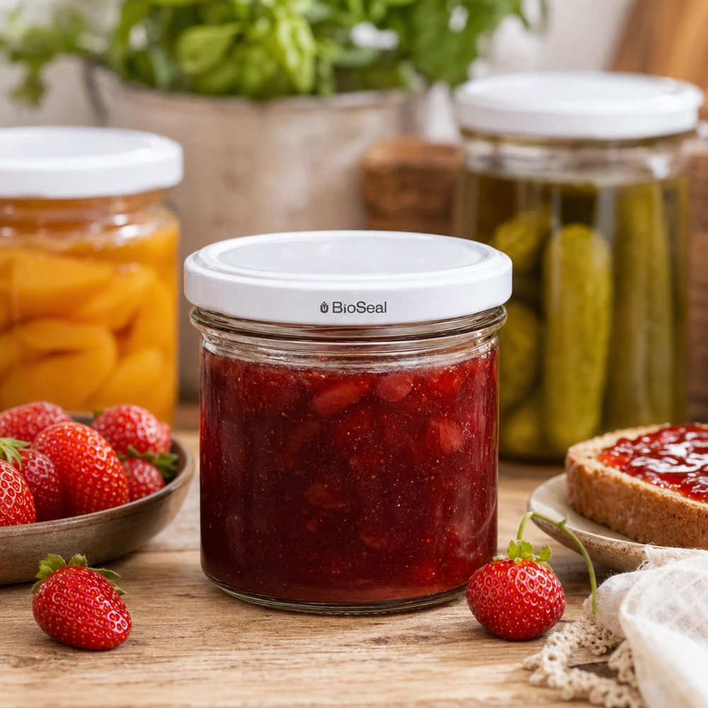 UNiTWIST Sturz125 con coperchio bianco TO66 BioSeal UNiTWIST vasetto 125ml marmellata di fragole fatta in casa bianco TO66 BioSeal coperchio conservazione