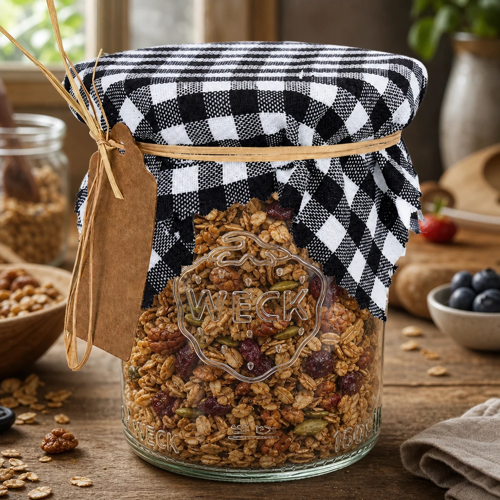 Centrino decorativo a scacchi bianchi e neri su barattolo di muesli, contenitore da cucina rustico 12cm quadrato