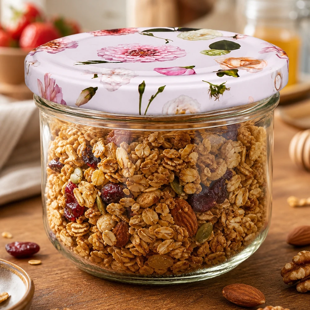 Bicchieri da 260 ml + coperchio BasicSeal rosa fiore UNiTWIST Barattolo da 260 ml con coperchio a fiore rosa pieno di muesli e frutta secca - pratico contenitore per la cucina