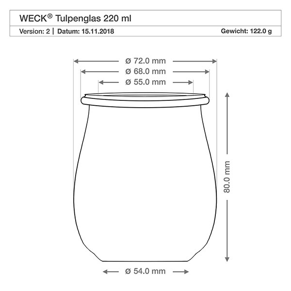 Vaso a tulipano da 220 ml WECK RR60 WECK vaso a tulipano 220ml RR60 disegno tecnico con dimensioni, diametro e altezza in millimetri