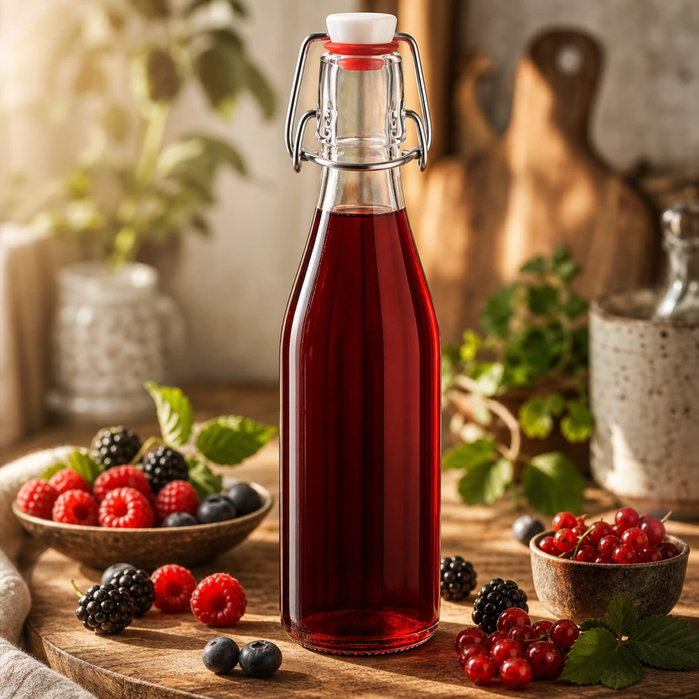 Bottiglia di vetro da 250 ml + tappo girevole in PVC UNiTWIST Bottiglia in vetro da 250 ml con tappo oscillante riempita di succo di bacche rosse, circondata da bacche fresche in un ambiente di cucina rustico