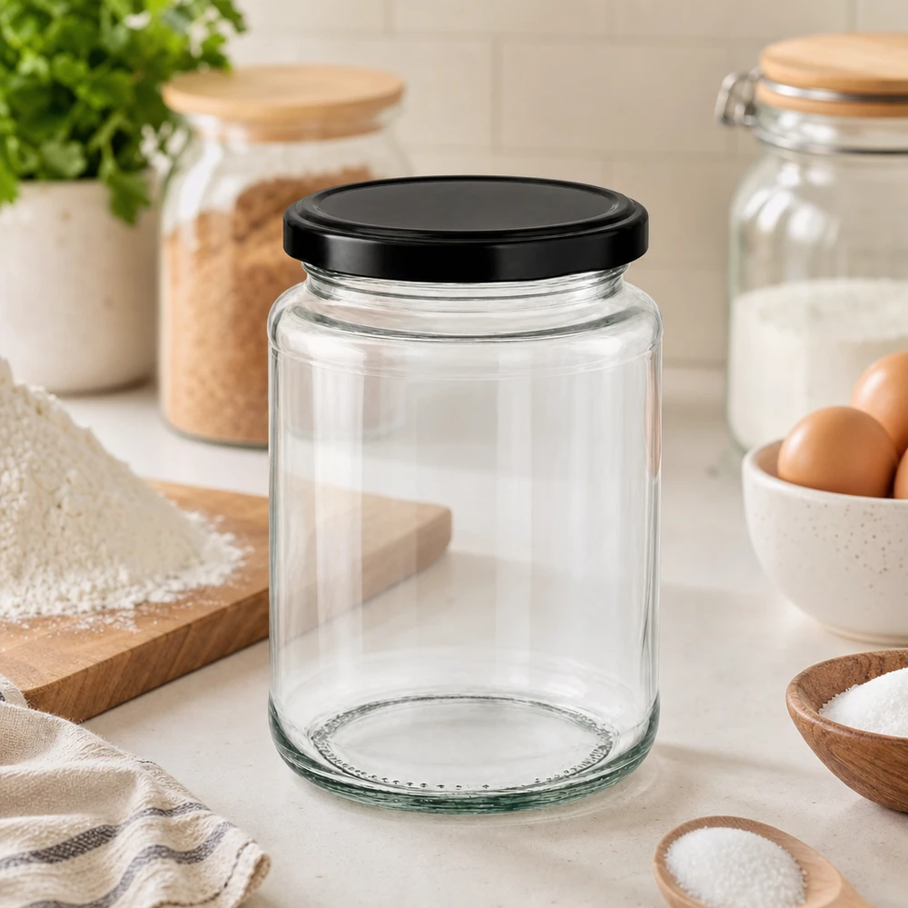 Barattolo rotondo da 382 ml con coperchio BasicSeal nero in una cucina moderna tra barattoli di stoccaggio, uova e utensili da cucina