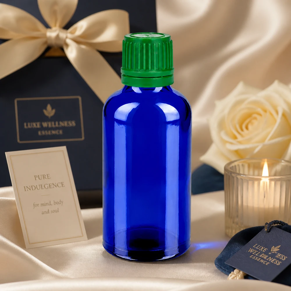 Bottiglia da 50ml 11mm SV verde OV BlueLine UT18/50 Flacone in vetro da 50 ml serie BlueLine con tappo a vite verde per sostanze sensibili alla luce