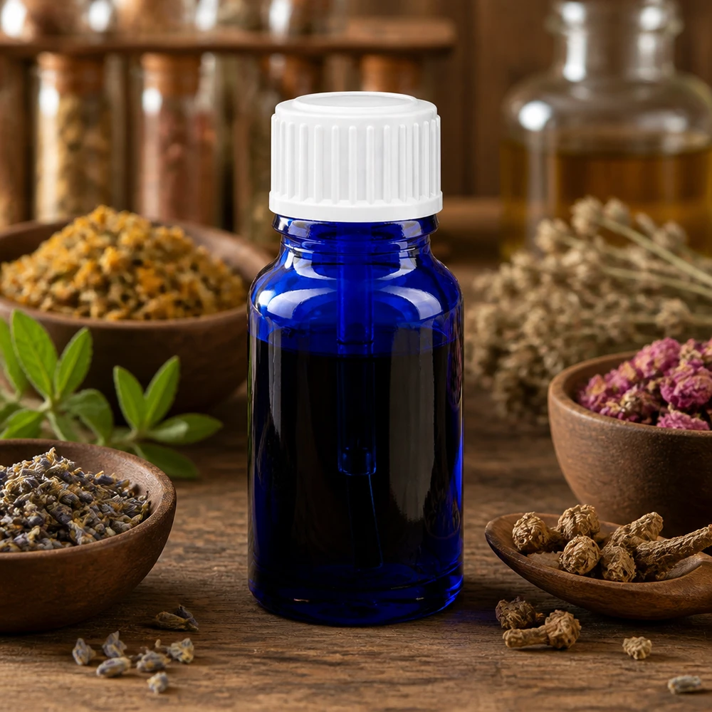 Flacone di vetro blu da 10 ml con tappo a pennello bianco, circondato da erbe e piante medicinali