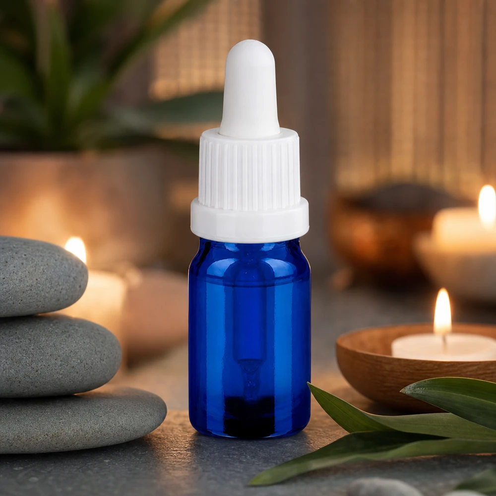 Flacone per pipette da 5 ml bianco OV BlueLine UT18/5 Bottiglia per pipette da 5 ml con robusto vetro blu e pipetta in plastica bianca di lunga durata.