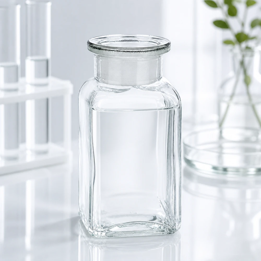 Bottiglia quadrata da 100 ml in vetro trasparente a collo largo con tappo in vetro NS Bottiglia quadrata trasparente a collo largo da 100 ml in vetro borosilicato con tappo in vetro molato