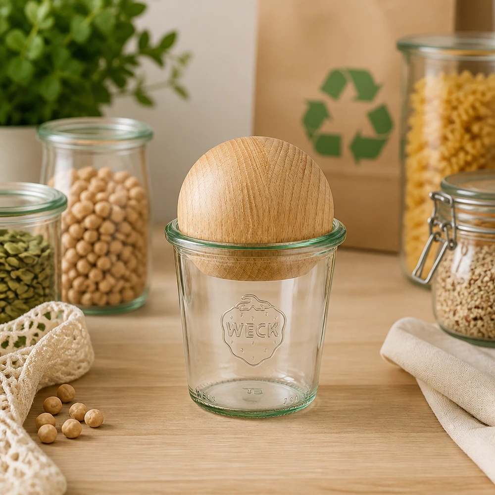 Bicchieri WECK 290ml RR80 con sfera in faggio in cucina sostenibile a rifiuti zero tra vasi di stoccaggio e simbolo di riciclaggio