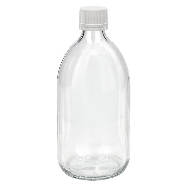 Flacone per medicinali da 500ml trasparente, tappo bianco/fine con originale