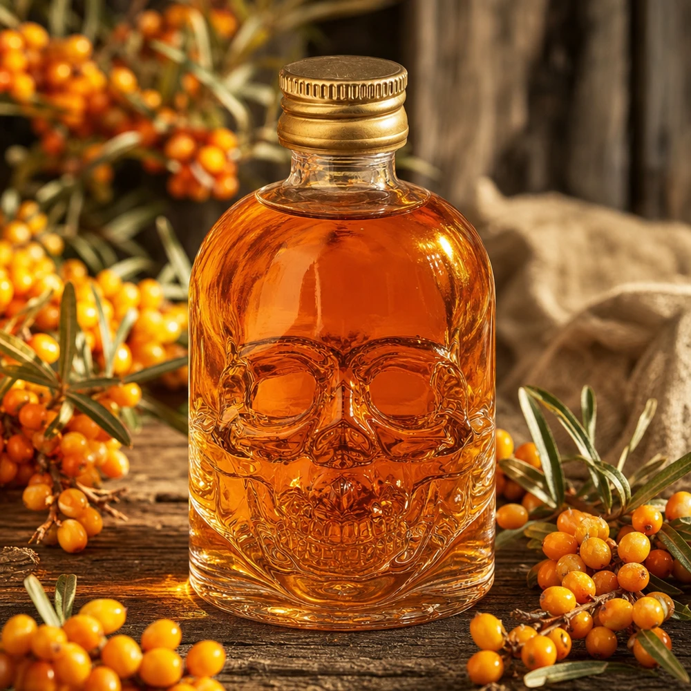 Bottiglia in vetro Hector da 50 ml con teschio in rilievo e contenuto ambrato tra bacche di olivello spinoso su un tavolo di legno