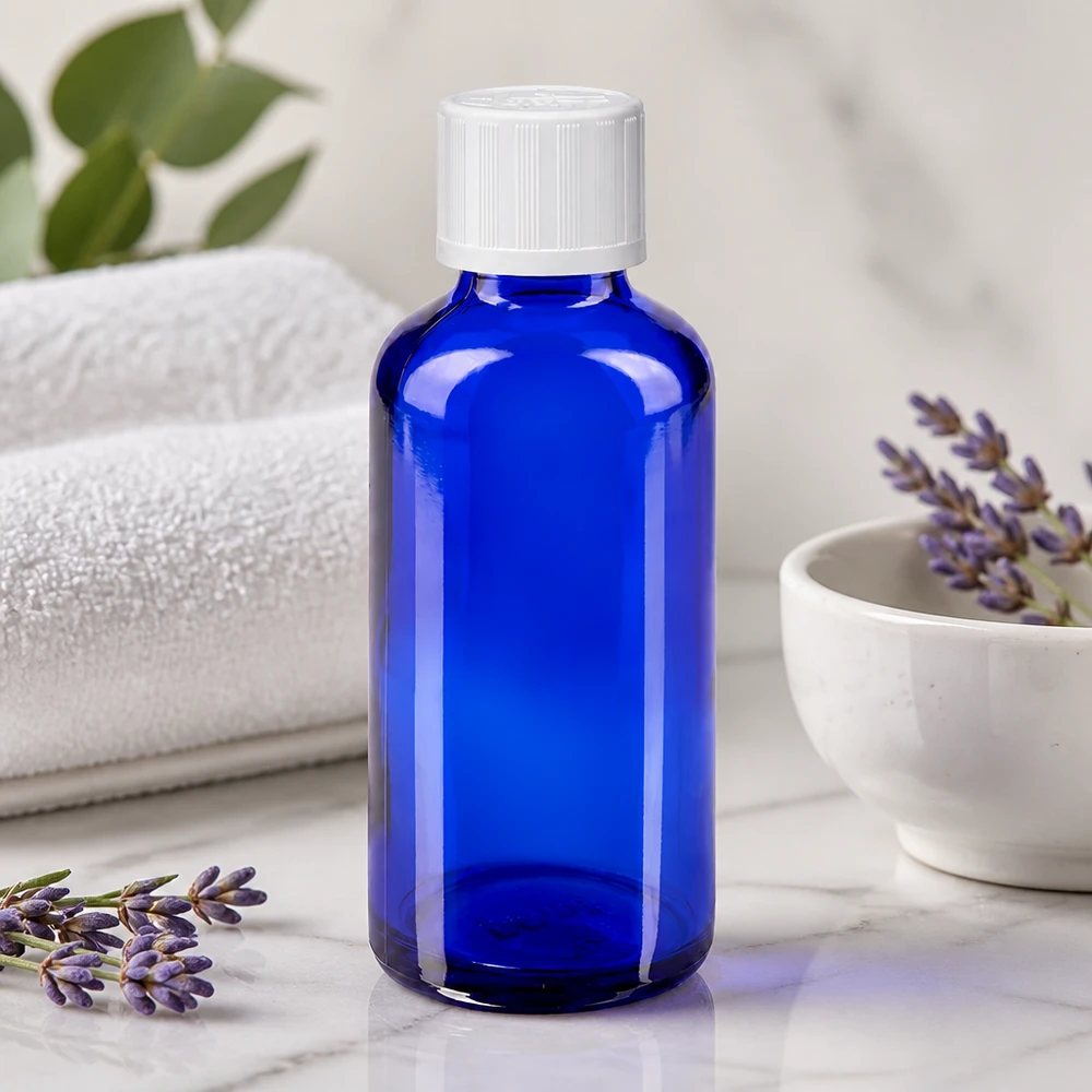 Flacone da farmacia da 50 ml blu cobalto con tappo KiSi bianco accanto a un mazzetto di lavanda su marmo