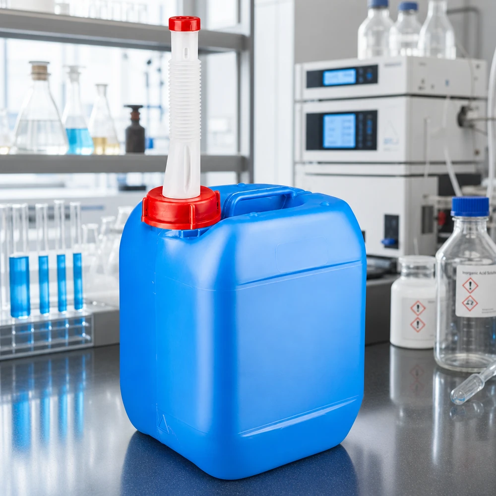 Contenitore da laboratorio compatto da 5 L, di colore blu, con pratico beccuccio per una manipolazione sicura delle sostanze chimiche