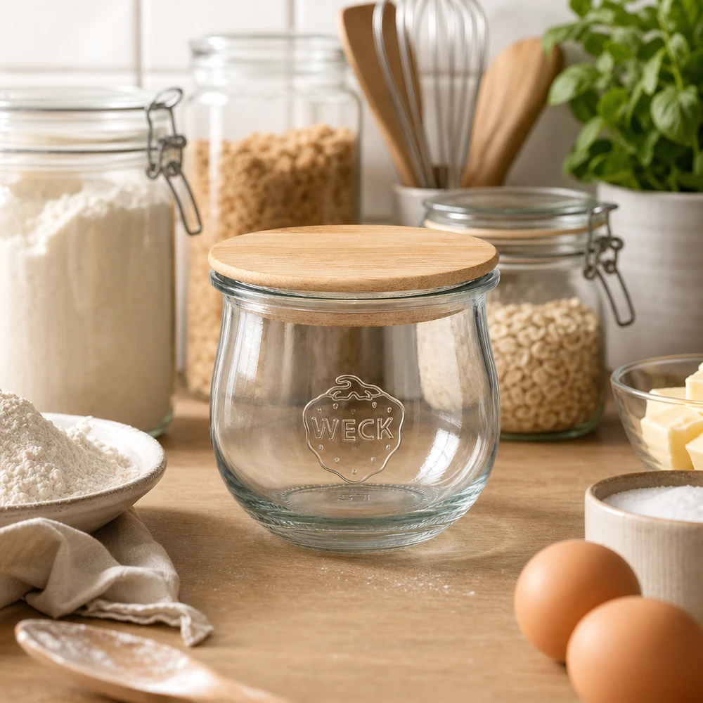 Vaso a tulipano WECK 370ml RR80 con coperchio in legno disposto in una cucina moderna tra vasi di stoccaggio e ingredienti da forno