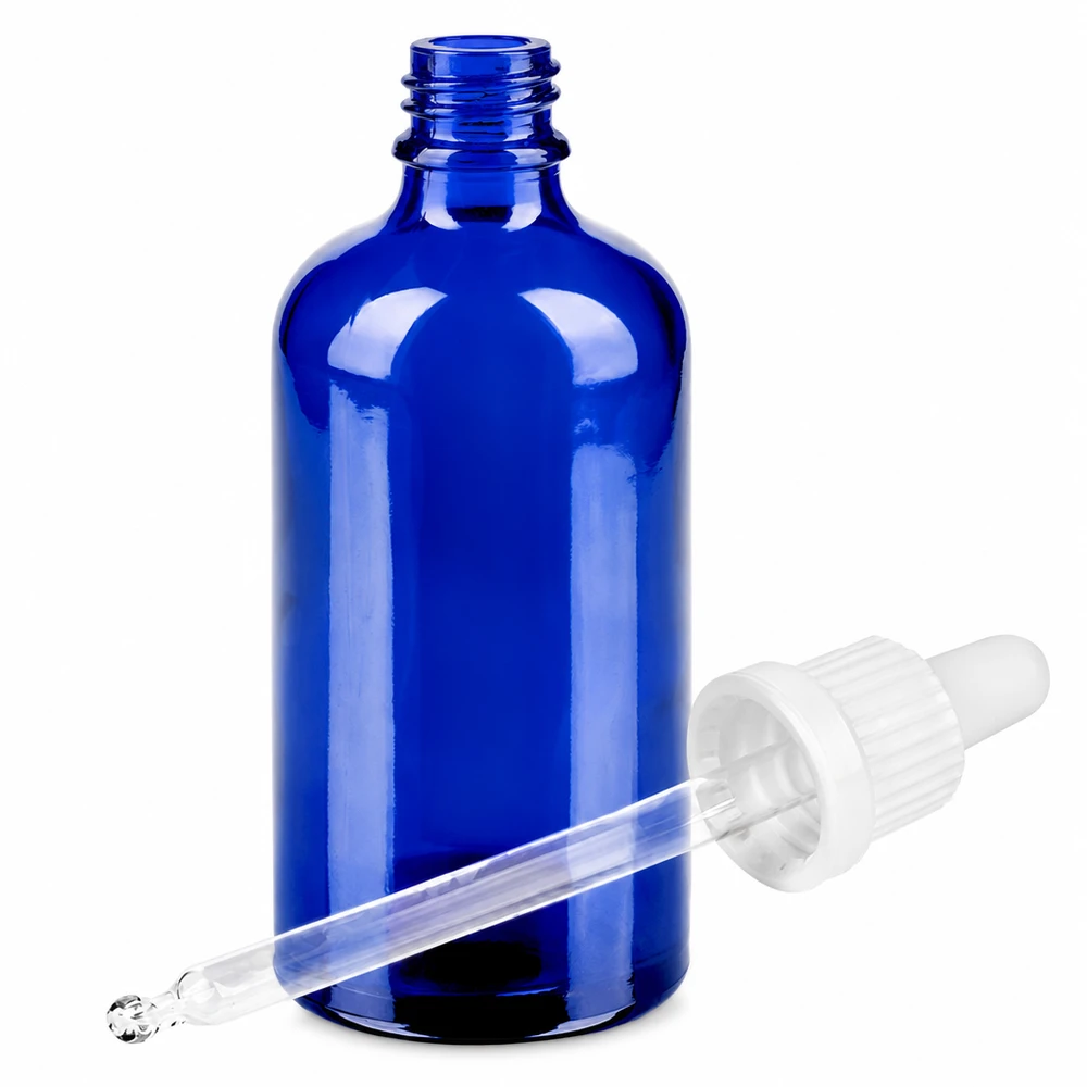 Flacone per pipette da 100 ml bianco OV BlueLine UT18/100 Bottiglia piccola in vetro 100ml blu con pipetta per cosmetici e sieri fai da te