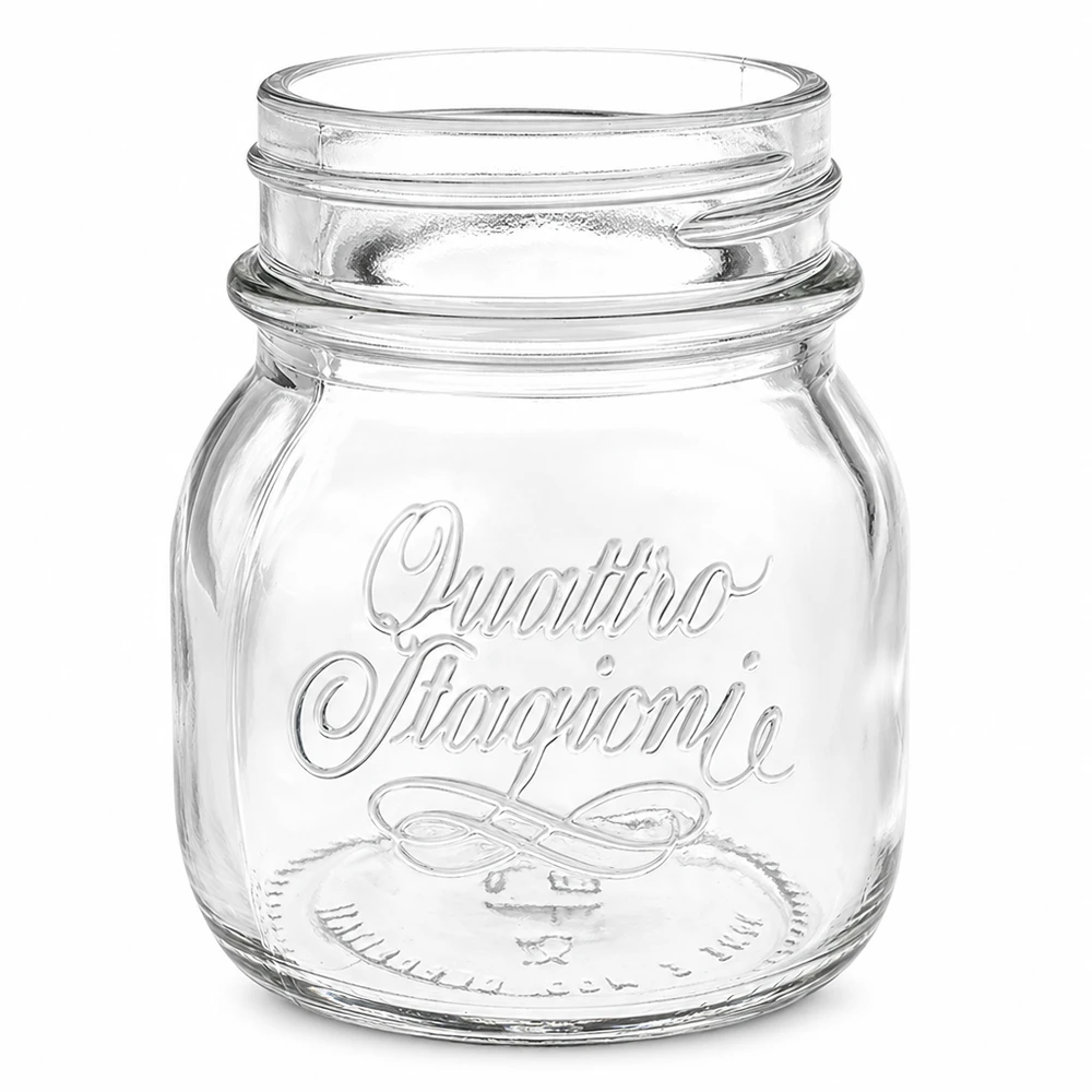 Barattolo da 150ml "Quattro Stagioni" Barattolo per conserve Quattro Stagioni da 150 ml in vetro trasparente con scritte in rilievo e filettatura a vite
