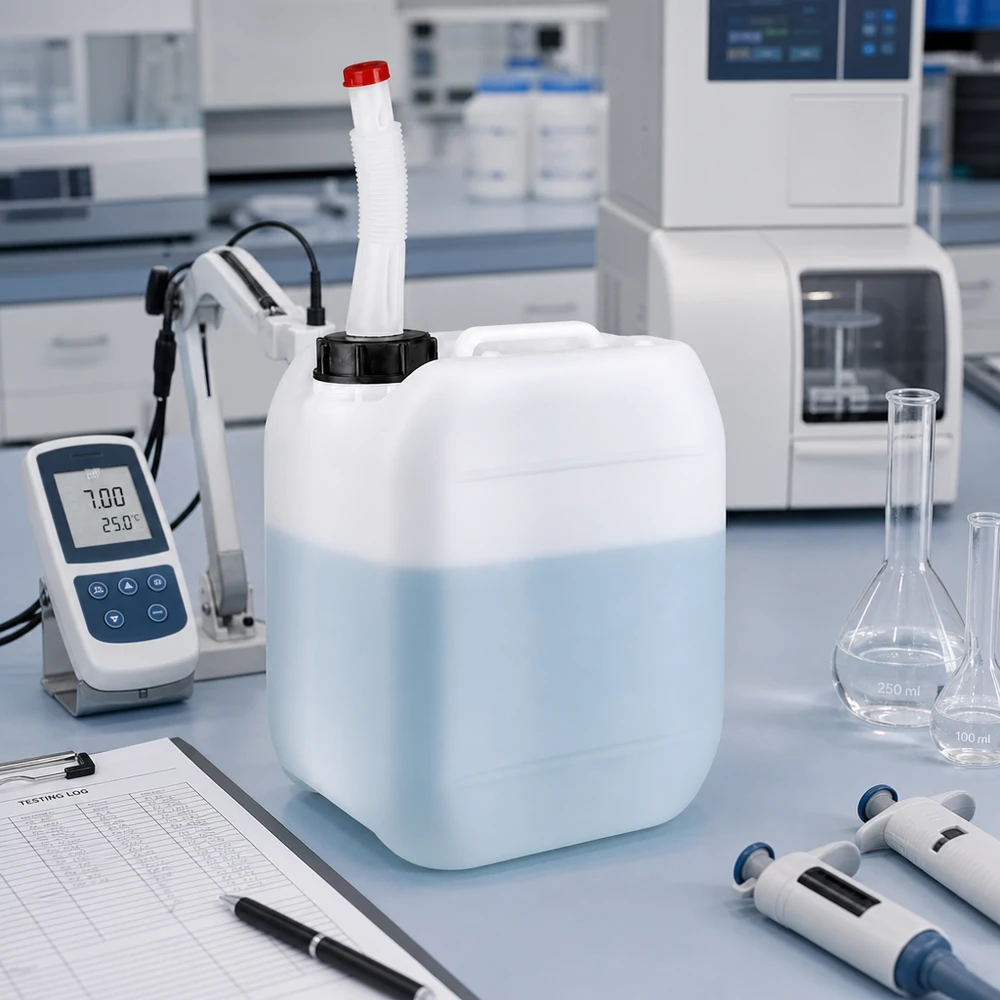 Tanica da 5 litri con tubo di uscita flessibile Tanica bianca da 5 litri con beccuccio rosso accanto a un pH-metro e a un matraccio graduato in laboratorio