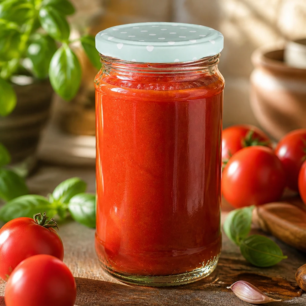 Salsa di pomodoro in un barattolo di vetro rotondo UNiTWIST da 370 ml con coperchio BasicSeal a pois color menta, accanto a pomodori freschi