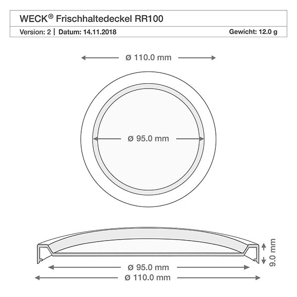 Vaso di vetro da 370 ml con coperchio salva-freschezza WECK RR100 Disegno tecnico del coperchio di chiusura WECK RR100 con dimensioni 110 mm e 95 mm di diametro per vaso Gugelhupf