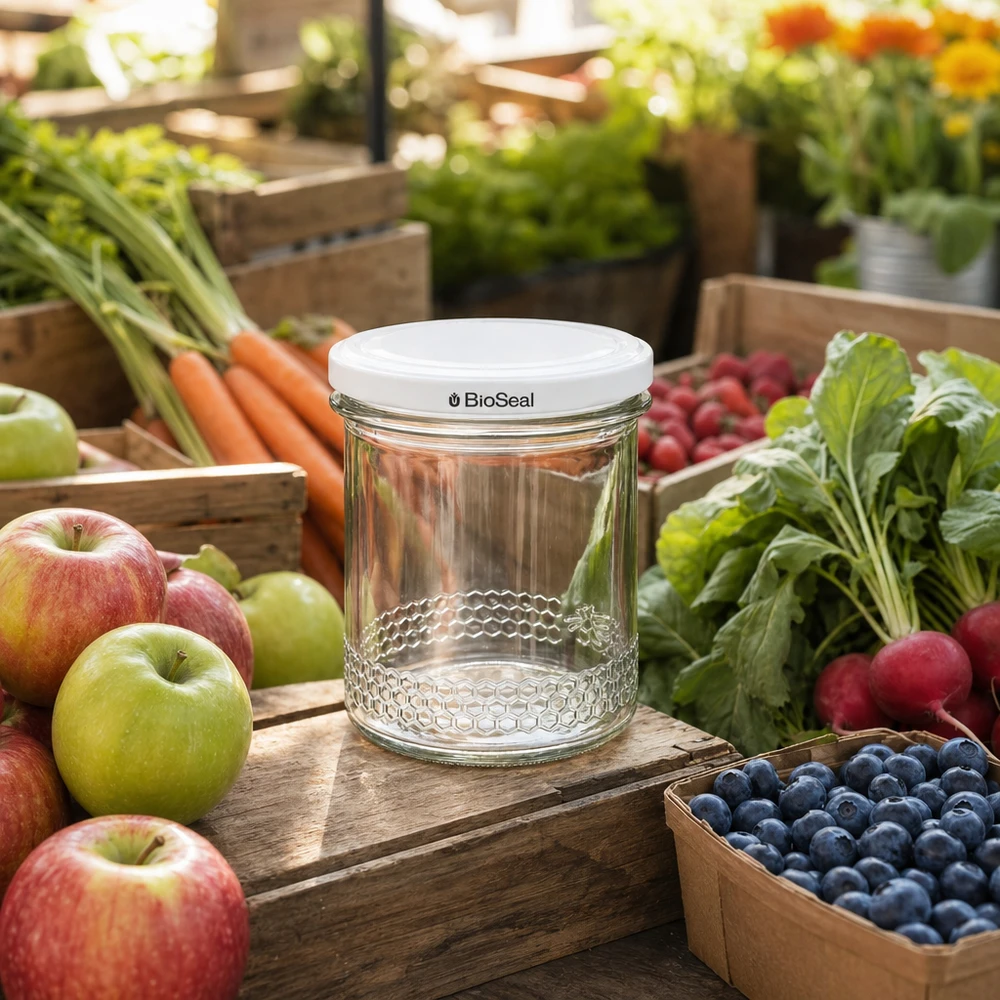 Vasetto per miele da 560 g con capsula bianca BioSeal UNiTWIST Il vasetto di miele da 400 ml vuoto con coperchio BioSeal tra frutta e verdura fresche mostra un uso versatile