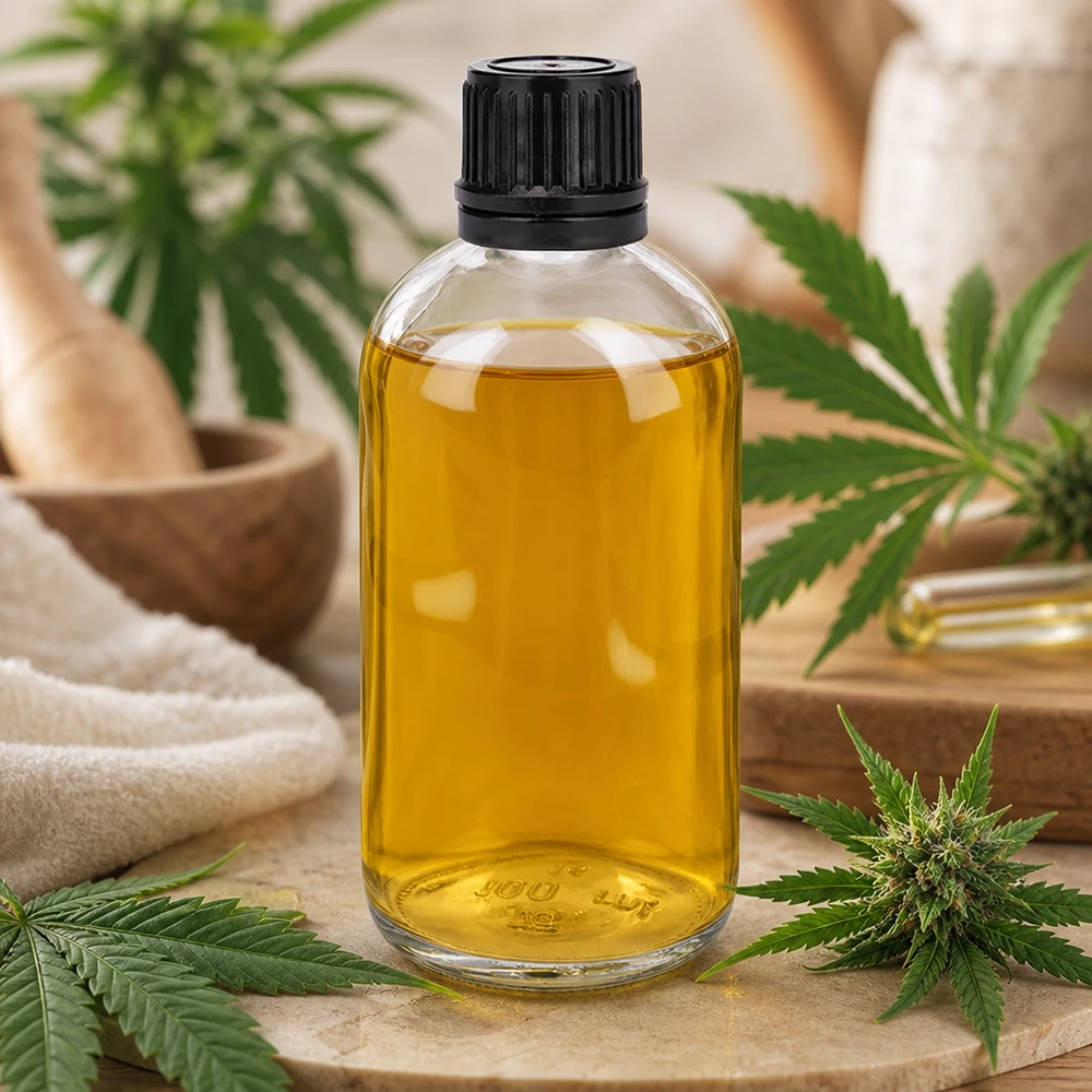 100ml (Globul)Flas. 3mm GR s. STD ClearL. UT18/100 Flacone in vetro trasparente da 100 ml contenente olio di CBD, circondato da foglie e fiori di cannabis