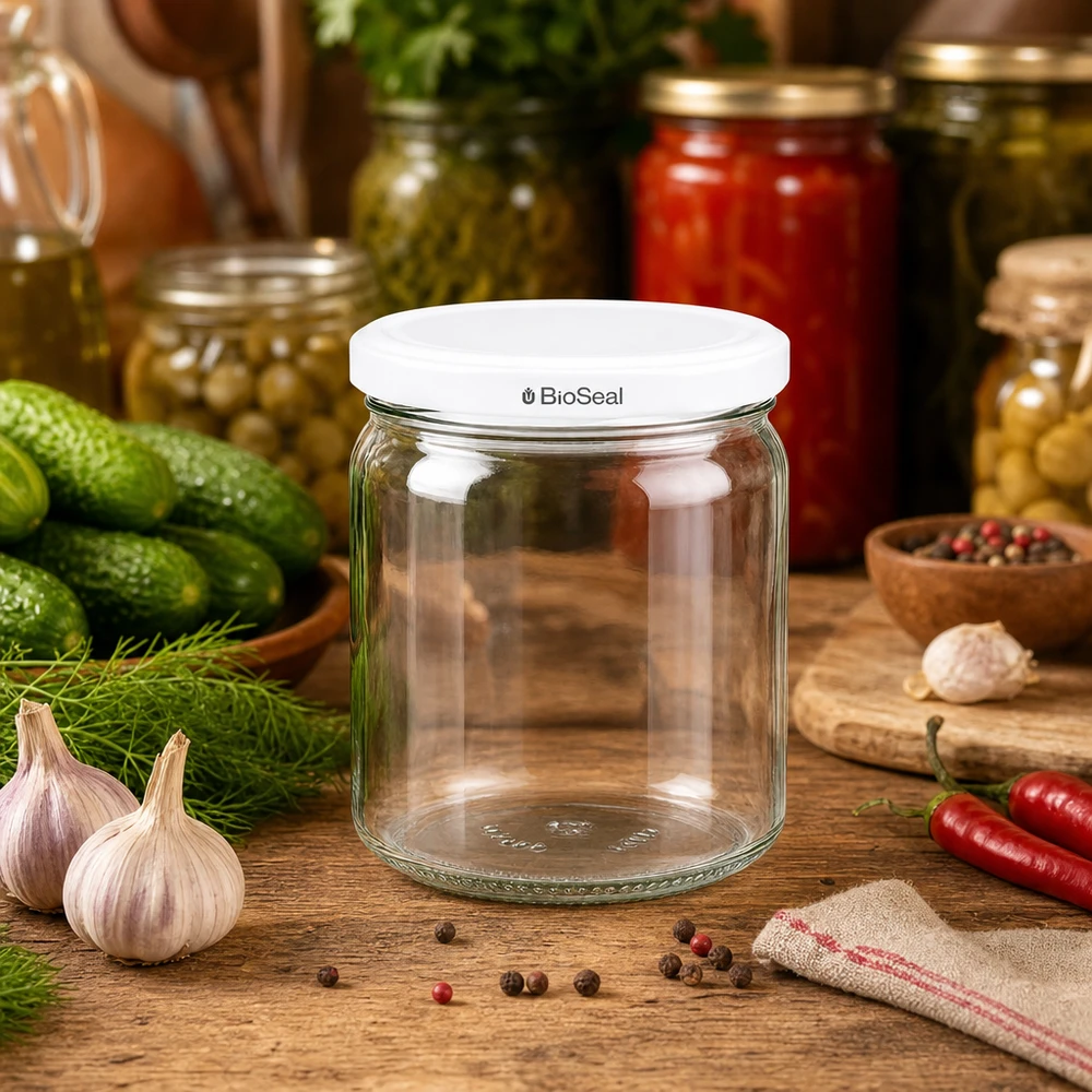 UNiTWIST Runda408 con coperchio bianco TO82 BioSeal UNiTWIST Runda408 Einmachglas in rustikaler Küchenszene mit frischen Kräutern und Gewürzen - vielseitiges Vorratsglas