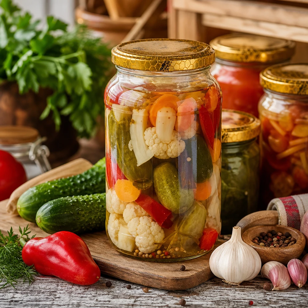Barattolo rotondo da 1062 ml + coperchio BasicSeal a nido d'ape UN... 1062ml Rundglas mit Bienenwabe-Deckel als Einmachglas für eingelegtes Gemüse Gurken Paprika Blumenkohl mixed pickles