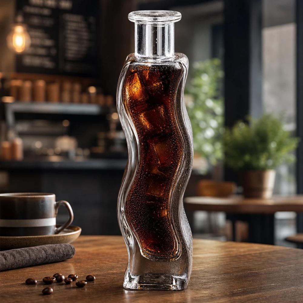 Flacone in vetro da 100 ml Melissa senza tappo UNiTWIST® Melissa, bottiglia di vetro da 100 ml riempita con una bevanda a base di cola e cubetti di ghiaccio in un ambiente moderno di un caffè su un tavolo di legno