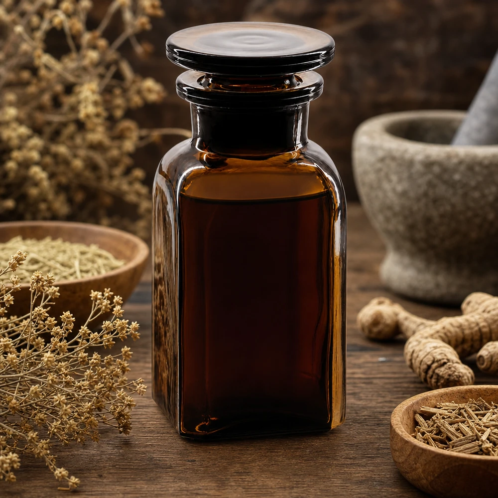 Bottiglia quadrata 100ml marrone a collo largo, tappo in vetro Bottiglia quadrata da 100 ml in vetro ambrato con erbe e mortaio, per la conservazione di prodotti fitoterapici