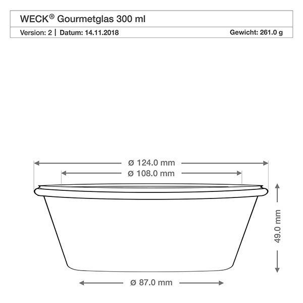 Barattolo gourmet da 300ml con friscia. WECK RR120 Disegno tecnico WECK RR120 vaso gourmet 300ml con dimensioni diametro 124mm 108mm 87mm altezza 49mm