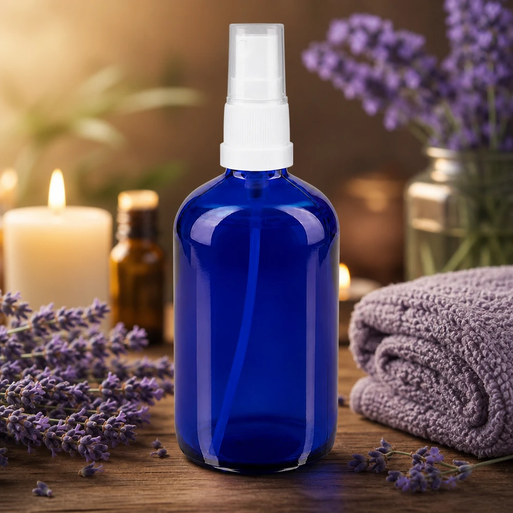 Flacone spray blu 100ml STD bianco/trasp. apoGlas Flacone spray rotondo da 100 ml in vetro da farmacia blu con pompa bianca STD per aromaterapia e olio di lavanda