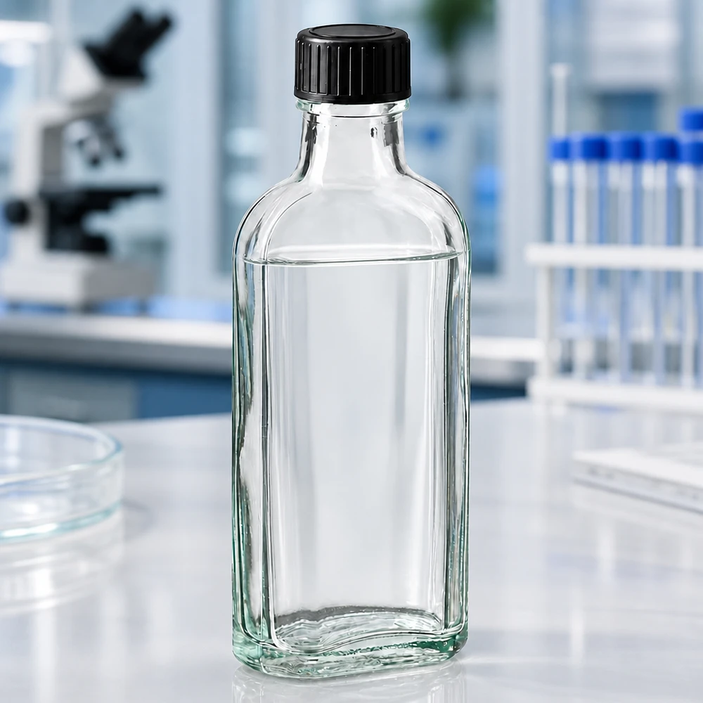 Tappo a vite trasparente Meplat da 100 ml con disco di tenuta in EPE Flacone di vetro rettangolare trasparente da 100 ml con tappo a vite nero davanti a un microscopio in laboratorio