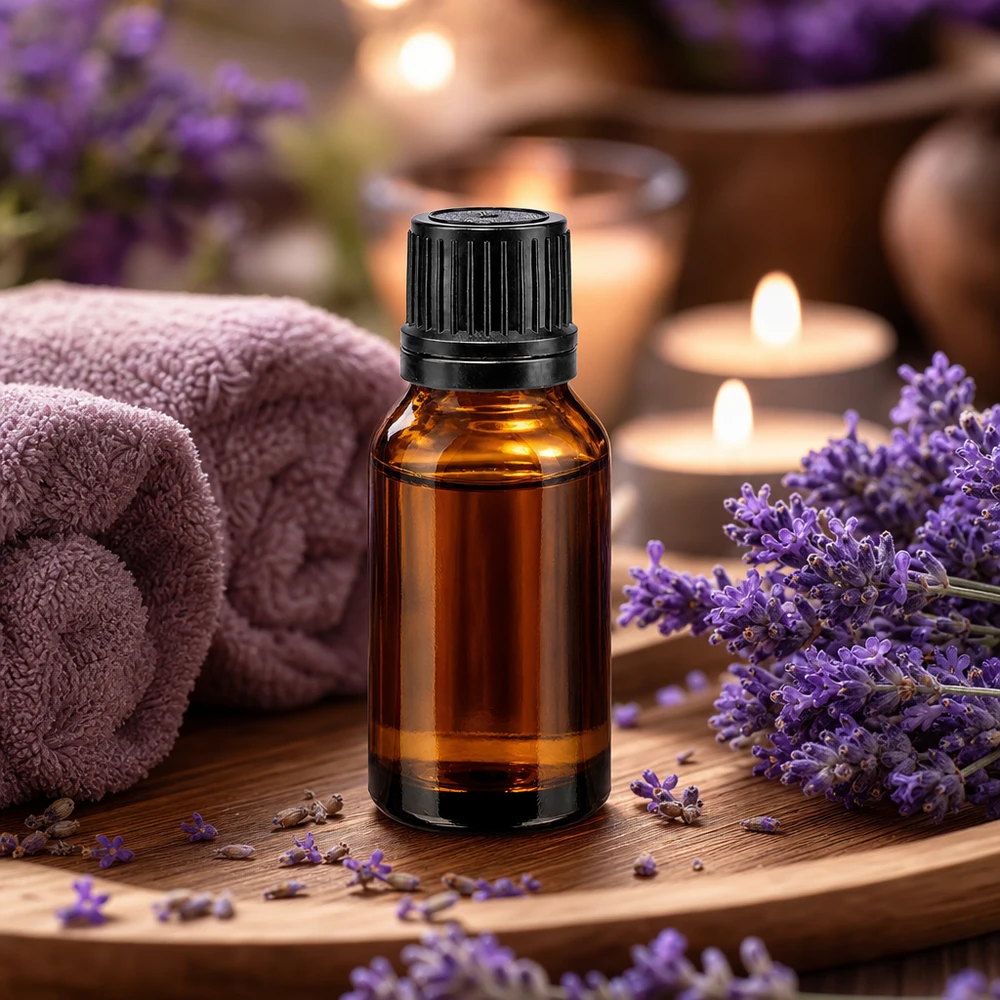 Bottiglia da farmacia marrone da 15 ml con tappo a vite nero. OV Flacone da farmacia da 15 ml, marrone, con tappo contagocce per olio di lavanda, su vassoio di legno con candele