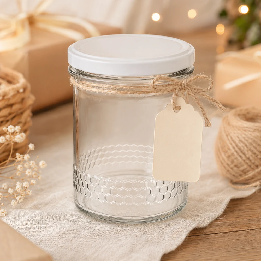 Vasetto per miele da 560 g con capsula bianca BasicSeal UNiTWIST Vasetto di miele da 400 ml con cordino di iuta e etichetta regalo decorazione rustica Coperchio BasicSeal bianco Sistema UNiTWIST