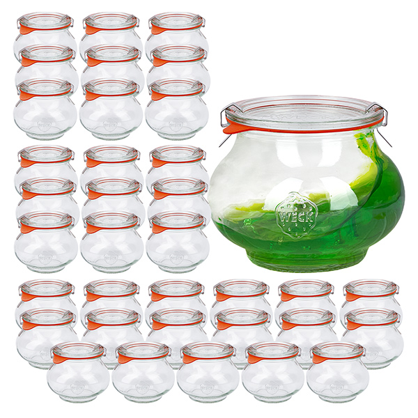 Set di 36 vasetti Weck da 220 ml, tumbler da 1/4L con coperchi in vetro. Set di 36 vasetti Weck da 220 ml, tumbler da 1/4L con coperchi in vetro.